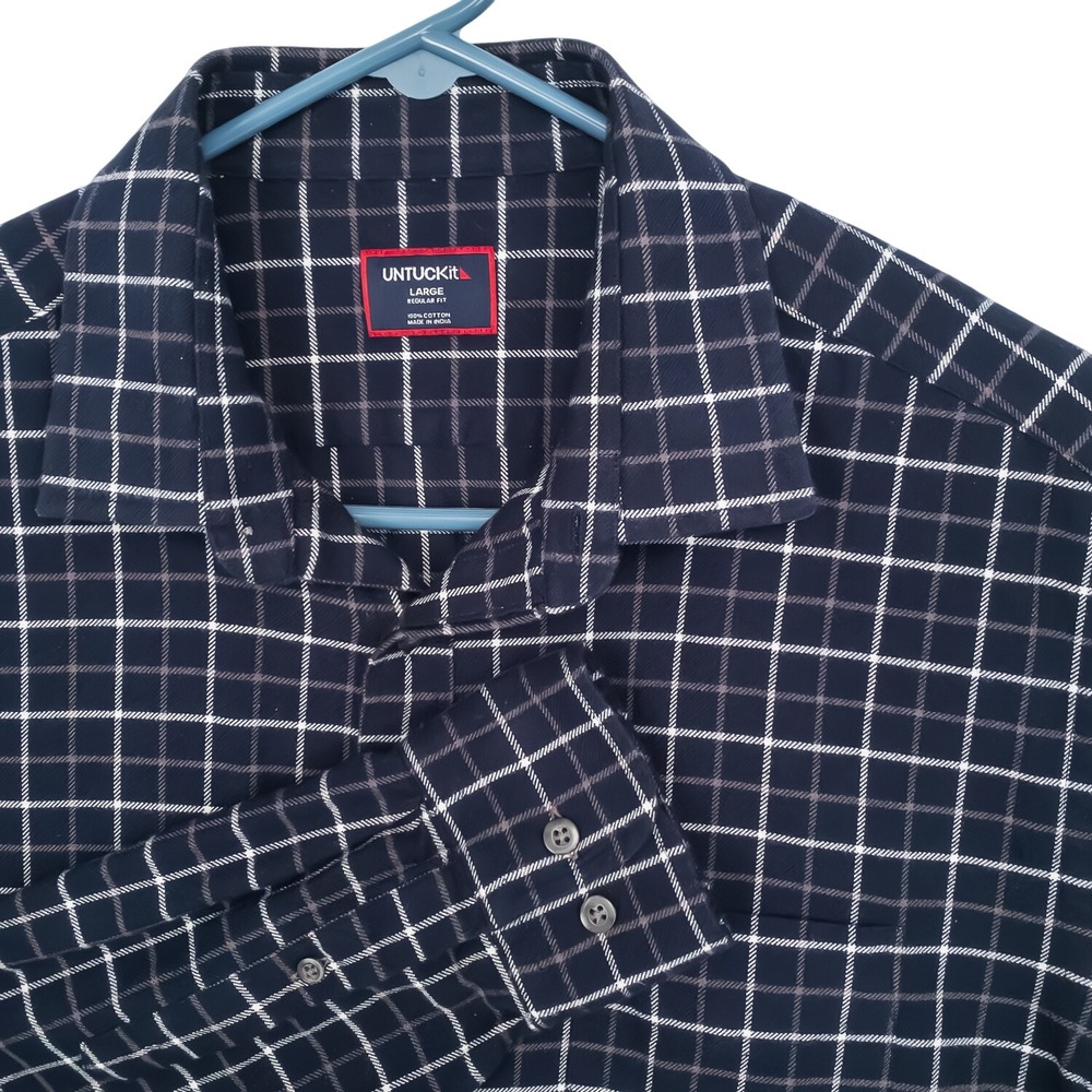 UNTUCKit Button Down Mens Large Navy Grid Check Morisco Flannel Cotton 41634